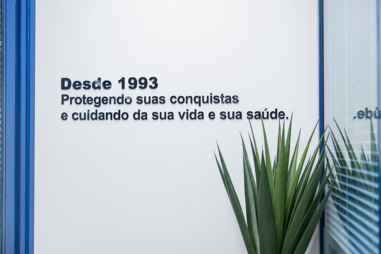 Parede do escritório da DNK Seguros com a frase Desde 1993